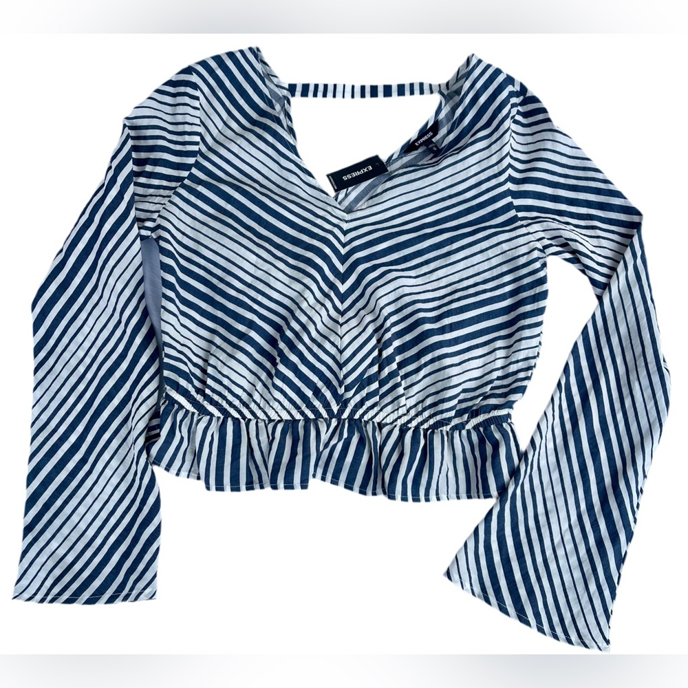 Express Blue and White Ruched Peplum Blouse